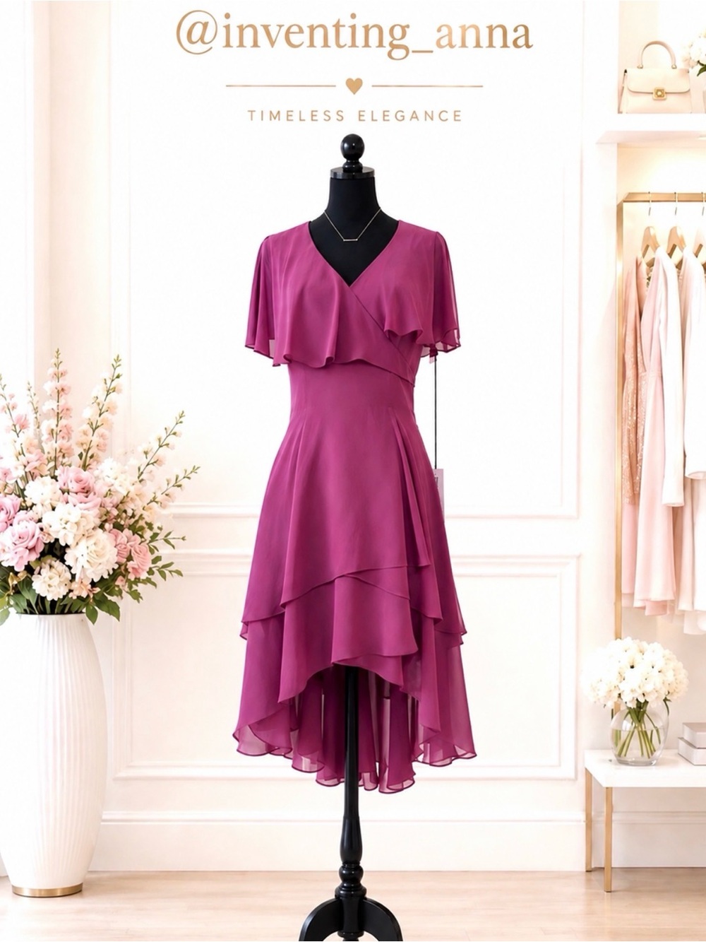 Billowy High-Low layered dress w/flutter sleeves partially lined burgundy color